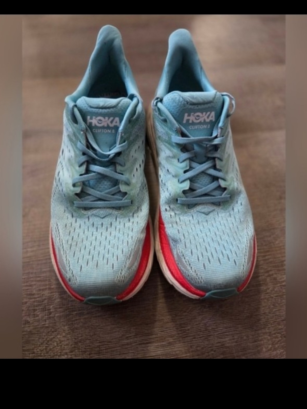 HOKA Clifton 8 Running Shoes in Light Teal with Coral Accent, Size 10B